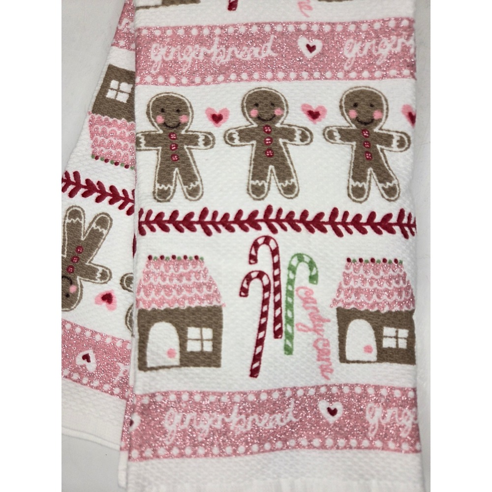 Cupcakes and Cashmere Pink Gingerbread Christmas Kitchen Towels Set of 2